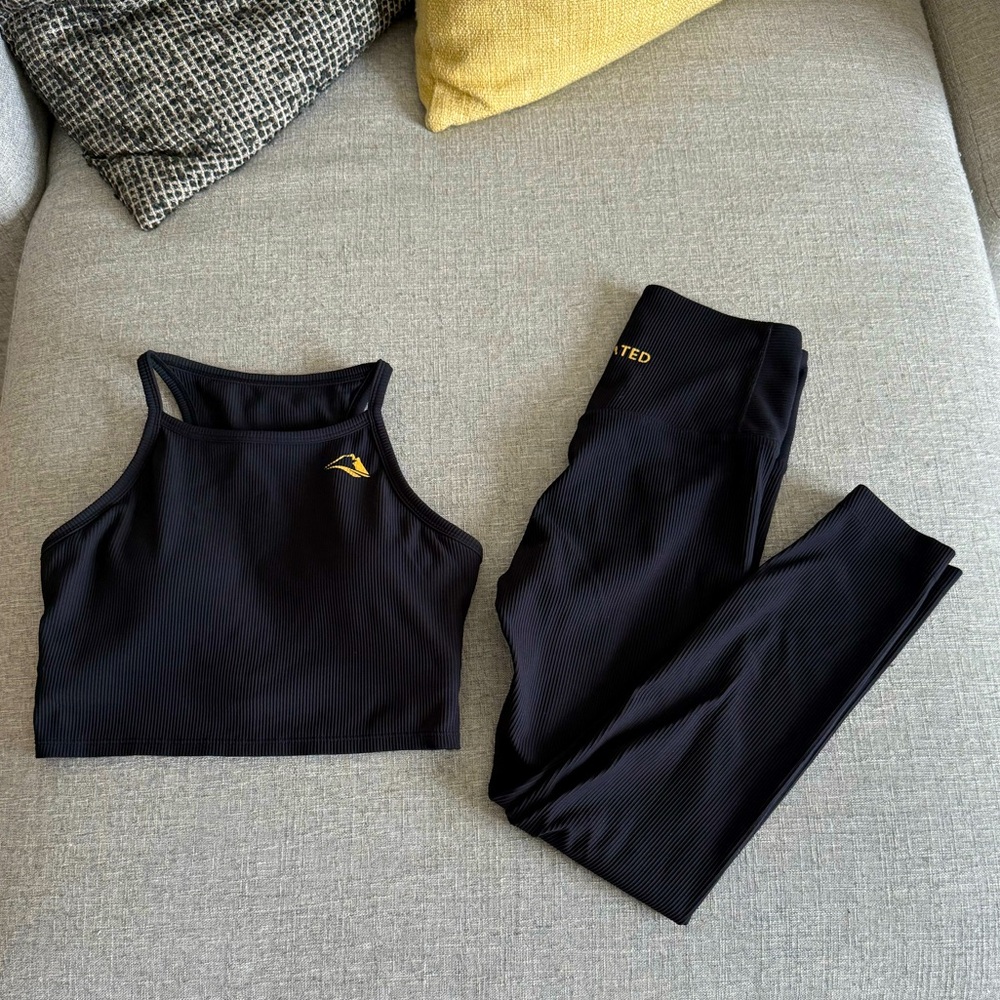 Black Ribbed Leggings with Matching Crop Tank - Active Set